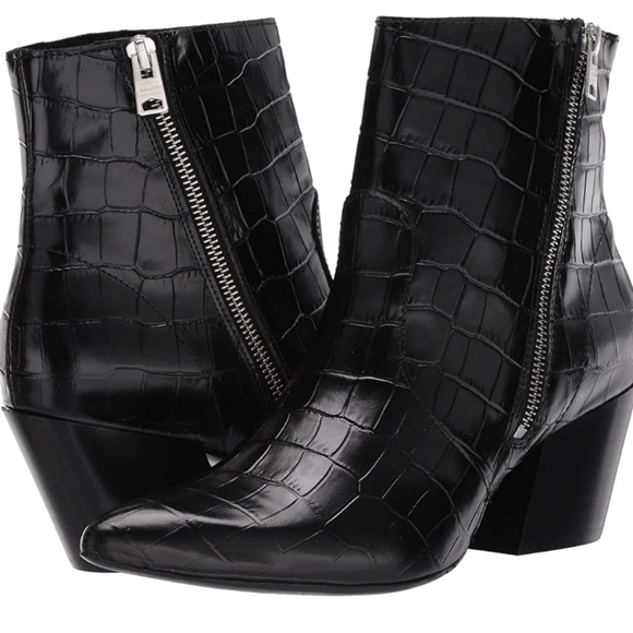 All Saints Shoes - AllSaints Aster Black Croc Embossed Ankle Leather Side Zipper Block Heel Boot 36